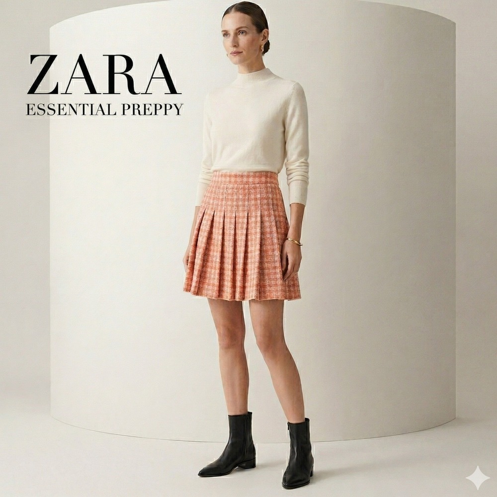 Zara Orange & White Tweed Plaid Pleated Mini Skirt Women's Size Small casual